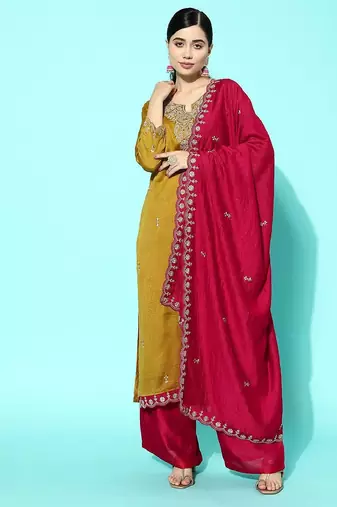 Women yellow floral embroidered regular sequinned kurta with palazzos & with dupatta
