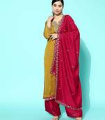 Women yellow floral embroidered regular sequinned kurta with palazzos & with dupatta