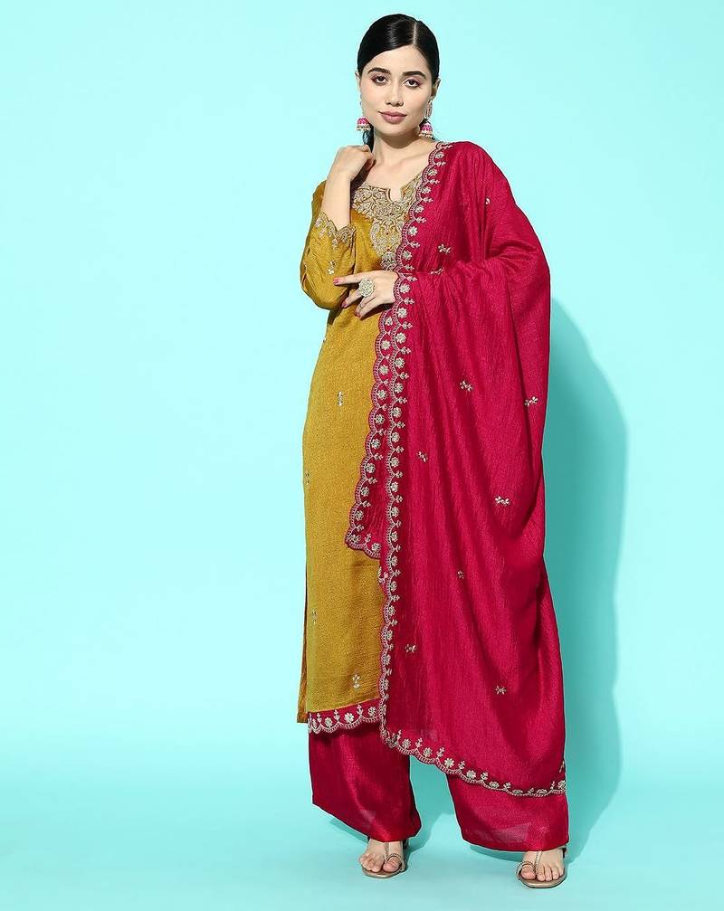Women yellow floral embroidered regular sequinned kurta with palazzos & with dupatta