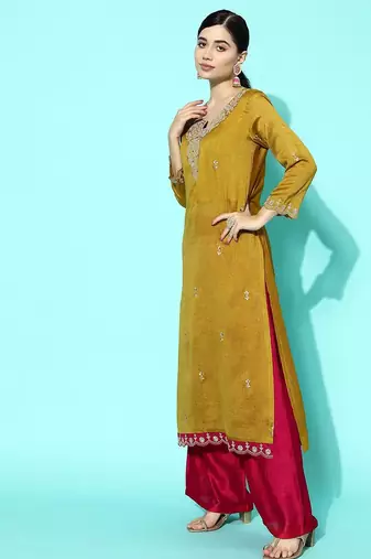 Women yellow floral embroidered regular sequinned kurta with palazzos & with dupatta