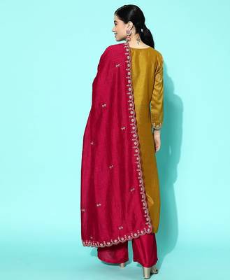 Women yellow floral embroidered regular sequinned kurta with palazzos & with dupatta 5