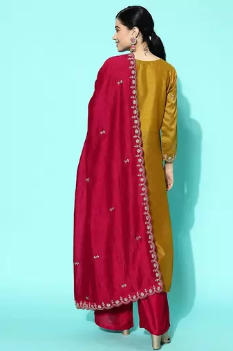 Women yellow floral embroidered regular sequinned kurta with palazzos & with dupatta