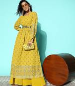 Women printed regular mirror work kurta with palazzos