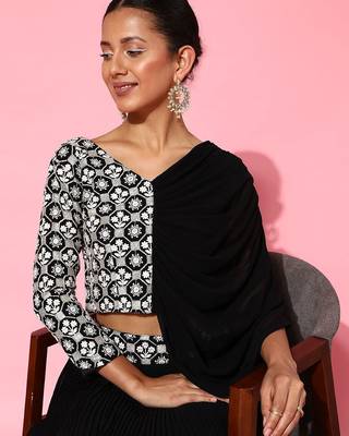 Women black floral embroidered regular sequinned top with skirt 2