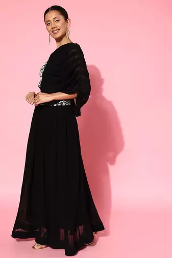 Women black floral embroidered regular sequinned top with skirt