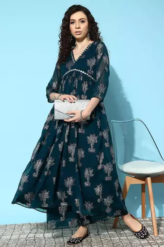 Women floral printed regular mirror work kurta with palazzos