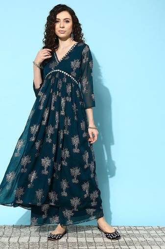 Women floral printed regular mirror work kurta with palazzos
