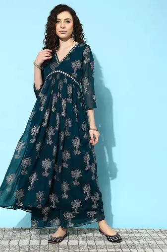 Women floral printed regular mirror work kurta with palazzos