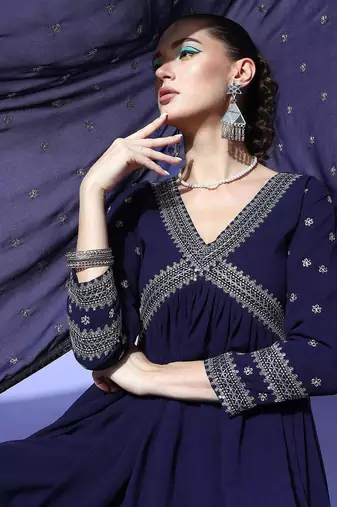 Women alia cut ethnic motifs embroidered sequinned kurta with trousers & dupatta