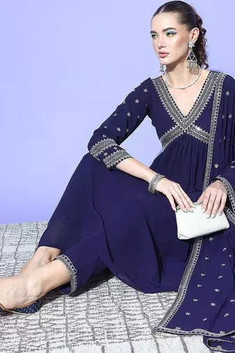 Women alia cut ethnic motifs embroidered sequinned kurta with trousers & dupatta