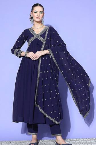 Women alia cut ethnic motifs embroidered sequinned kurta with trousers & dupatta
