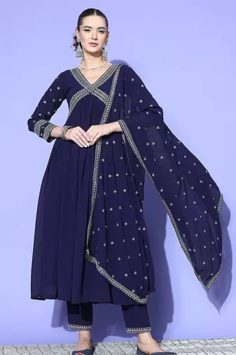 Women alia cut ethnic motifs embroidered sequinned kurta with trousers & dupatta