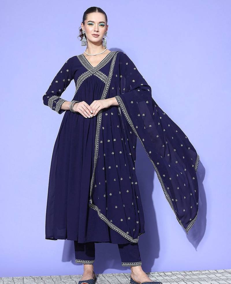 Women alia cut ethnic motifs embroidered sequinned kurta with trousers & dupatta