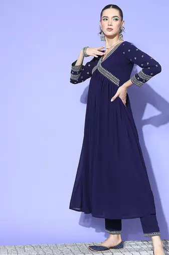 Women alia cut ethnic motifs embroidered sequinned kurta with trousers & dupatta