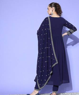 Women alia cut ethnic motifs embroidered sequinned kurta with trousers & dupatta 5