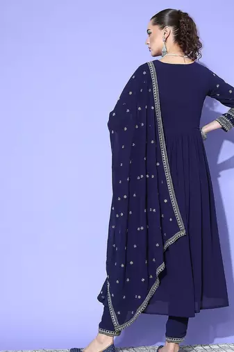 Women alia cut ethnic motifs embroidered sequinned kurta with trousers & dupatta