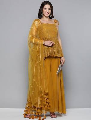 Women mustard yellow & golden embroidered pleated kurti with palazzos & dupatta 1