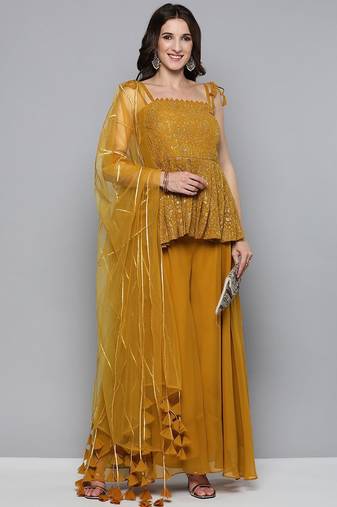Women mustard yellow & golden embroidered pleated kurti with palazzos & dupatta