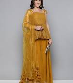 Women mustard yellow & golden embroidered pleated kurti with palazzos & dupatta