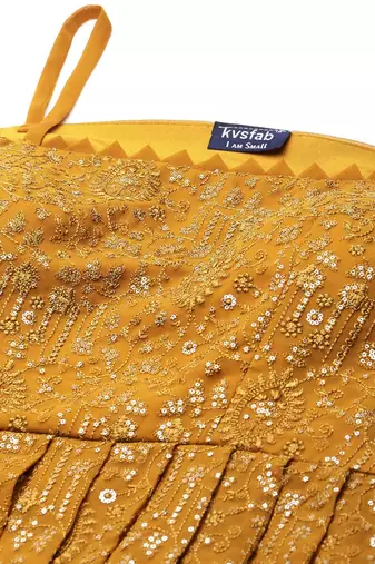 Women mustard yellow & golden embroidered pleated kurti with palazzos & dupatta