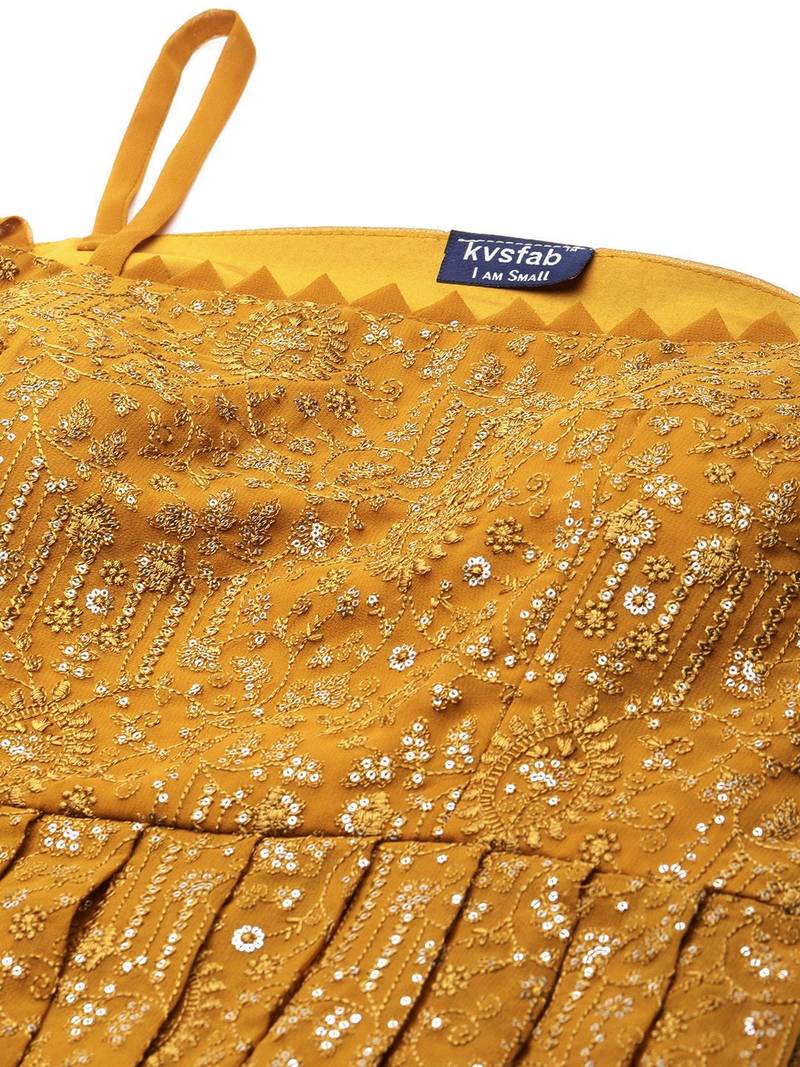 Women mustard yellow & golden embroidered pleated kurti with palazzos & dupatta