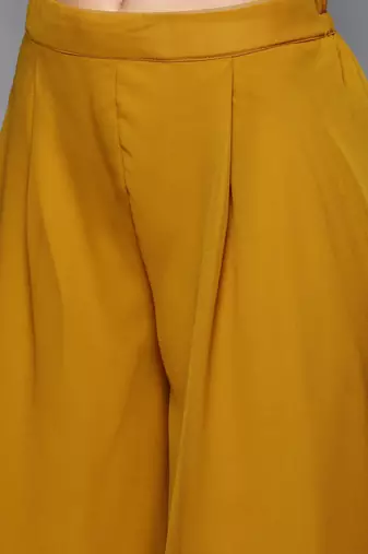 Women mustard yellow & golden embroidered pleated kurti with palazzos & dupatta