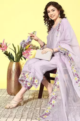 Women floral embroidered regular sequinned kurta with trousers & with dupatta