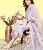 Women floral embroidered regular sequinned kurta with trousers & with dupatta