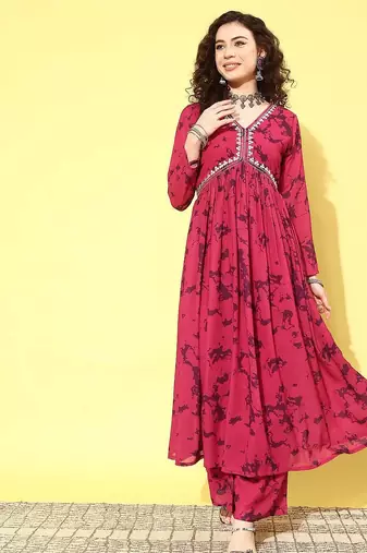 Women printed pleated kurta with palazzos