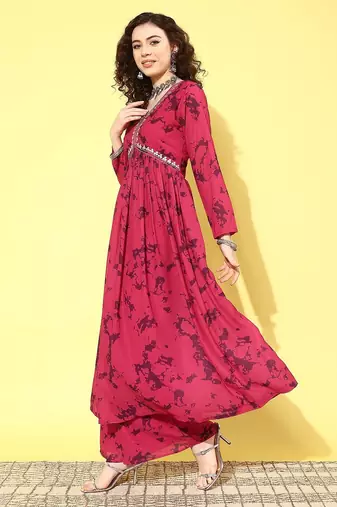 Women printed pleated kurta with palazzos