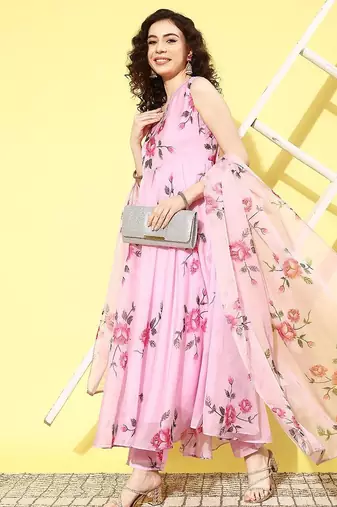 Women floral printed pleated gotta patti kurta with trousers