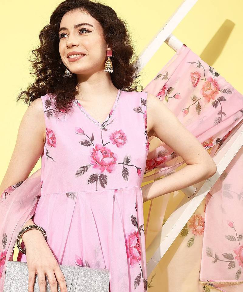Women floral printed pleated gotta patti kurta with trousers