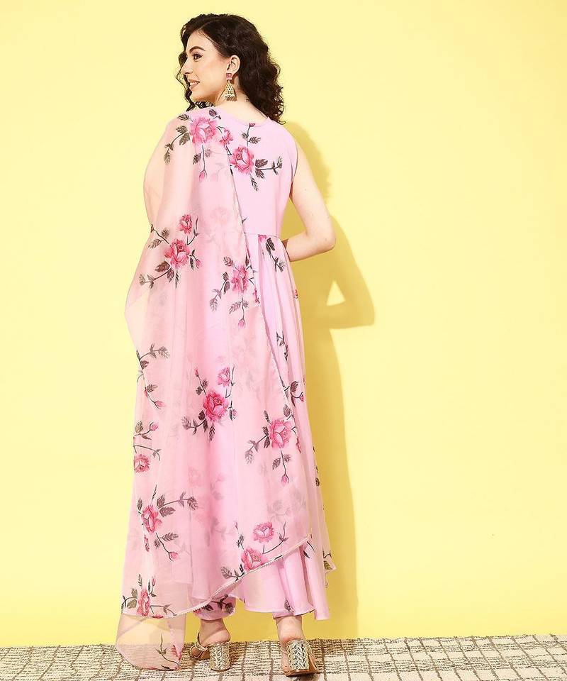 Women floral printed pleated gotta patti kurta with trousers