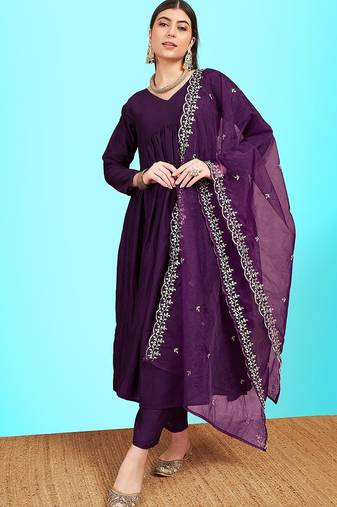 V-neck pleated sequinned a-line kurta with trousers & dupatta
