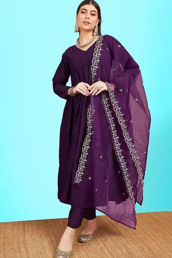 V-neck pleated sequinned a-line kurta with trousers & dupatta