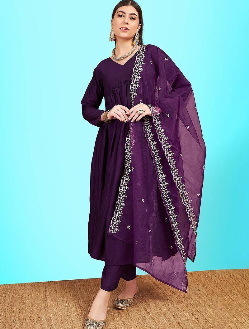 V-neck pleated sequinned a-line kurta with trousers & dupatta