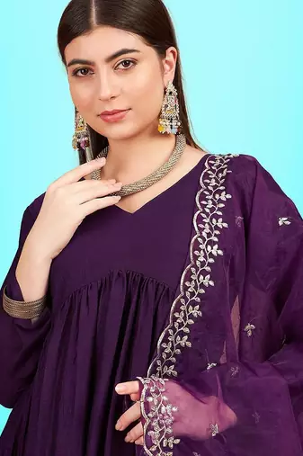 V-neck pleated sequinned a-line kurta with trousers & dupatta