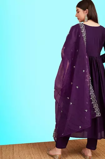 V-neck pleated sequinned a-line kurta with trousers & dupatta