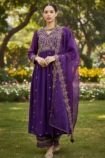 Women ethnic motifs embroidered panelled kurta with palazzos & with dupatta