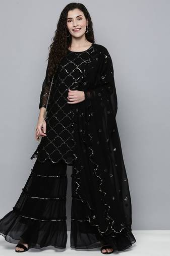 Women black sequin embroidered kurti with sharara & dupatta