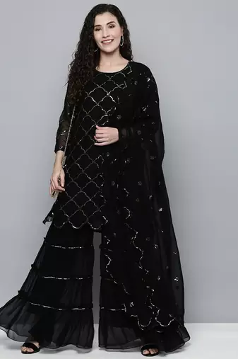 Women black sequin embroidered kurti with sharara & dupatta