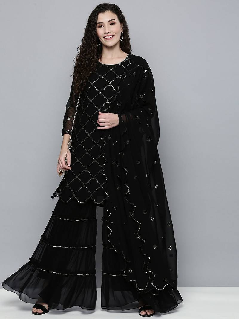 Women black sequin embroidered kurti with sharara & dupatta