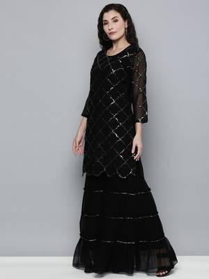 Women black sequin embroidered kurti with sharara & dupatta 4