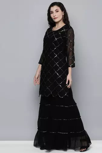 Women black sequin embroidered kurti with sharara & dupatta