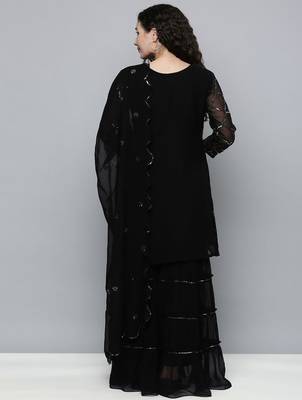 Women black sequin embroidered kurti with sharara & dupatta 5