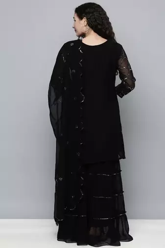 Women black sequin embroidered kurti with sharara & dupatta