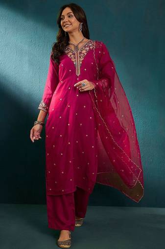 Floral embroidered v-neck thread work straight kurta with trousers and dupatta