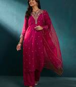 Floral embroidered v-neck thread work straight kurta with trousers and dupatta