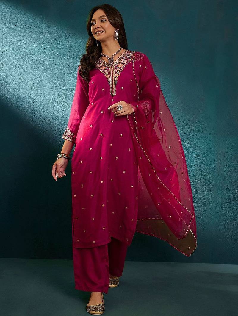 Floral embroidered v-neck thread work straight kurta with trousers and dupatta