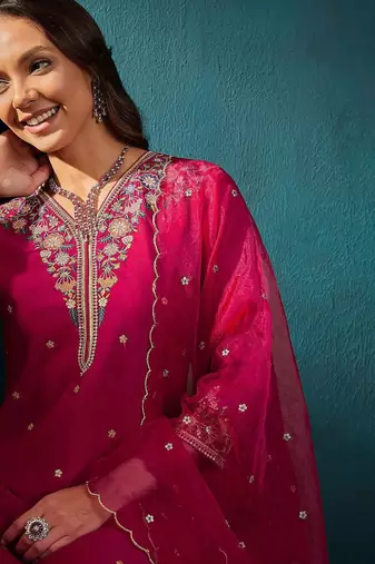 Floral embroidered v-neck thread work straight kurta with trousers and dupatta